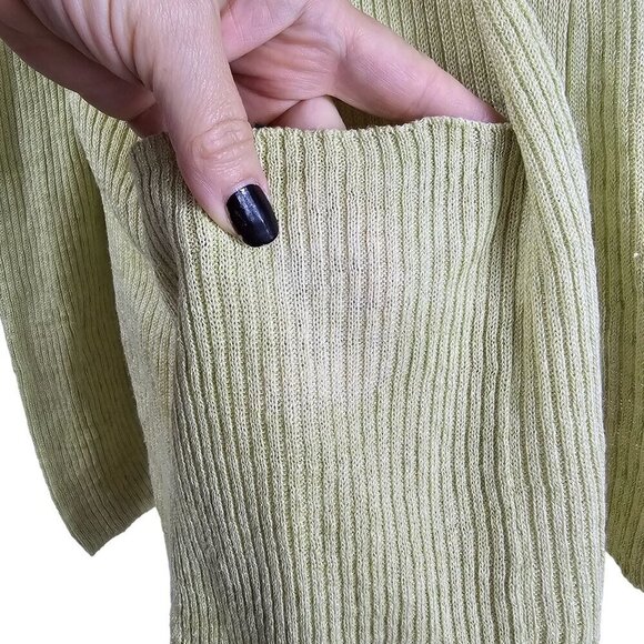 Eileen Fisher Womens Green Organic Linen Cardigan Sz M Open Front Ribbed Beachy - Picture 5 of 7